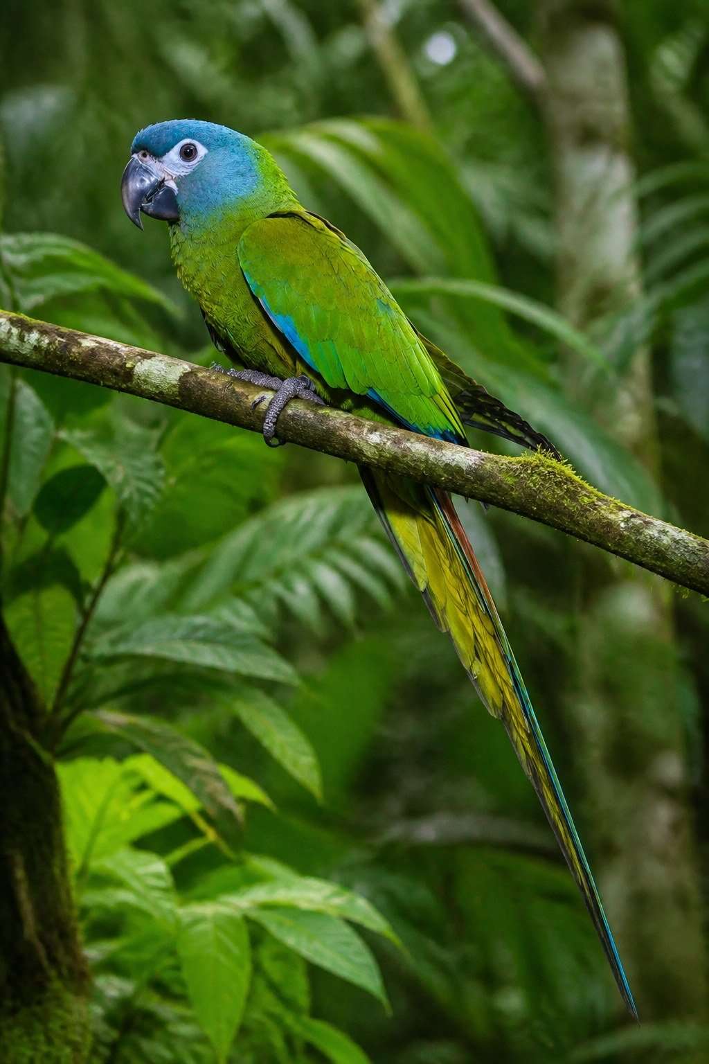 Blue-Headed Macaw (Primolius couloni) perched in the rainforest canopy, showing its slate-blue head, green body, and long tapered tail