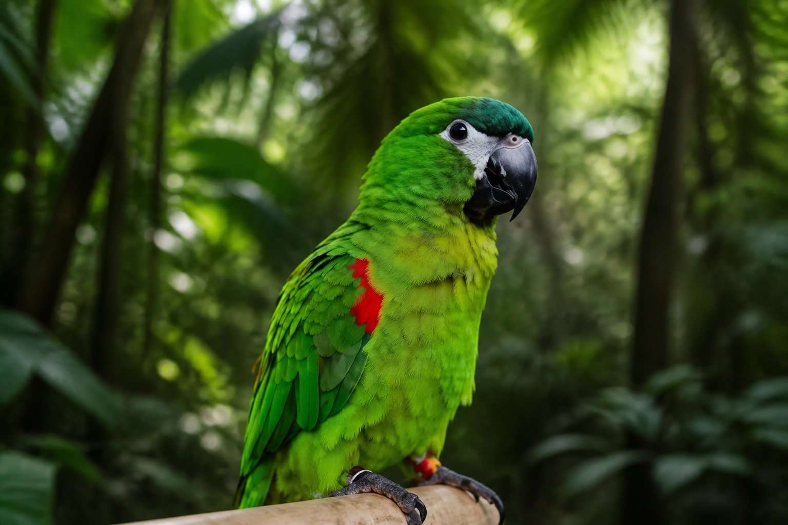 Hahn's Macaw perched on a branch in tropical rainforest foliage