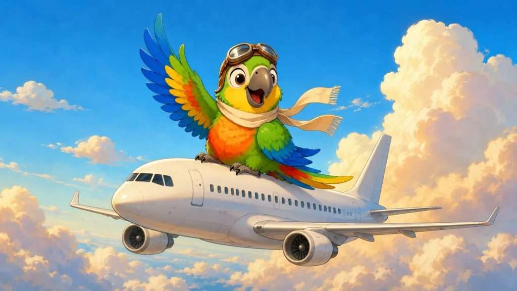 Colorful cartoon parrot wearing aviator goggles and a scarf, riding on top of an airplane in a blue sky