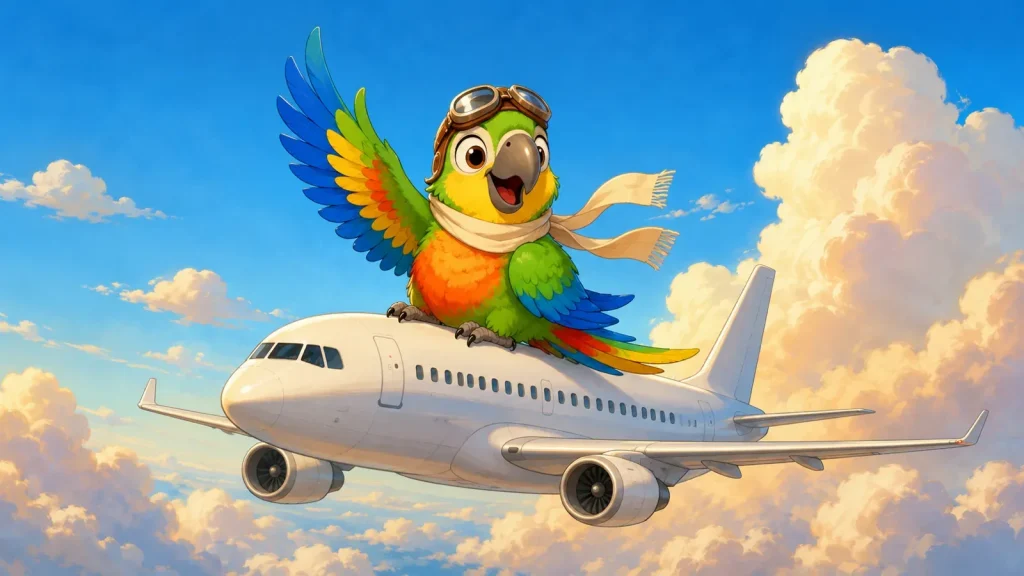 Colorful cartoon parrot wearing aviator goggles and a scarf, riding on top of an airplane in a blue sky